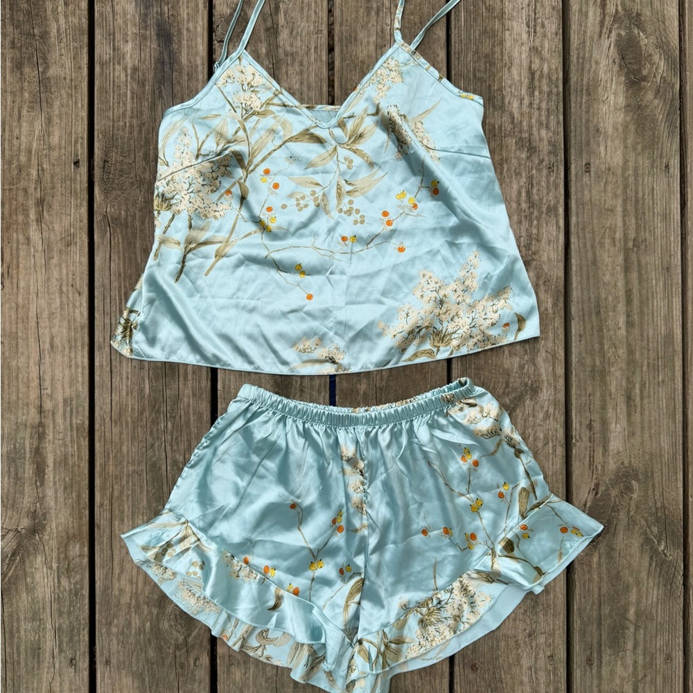 3 piece blue floral pajama set